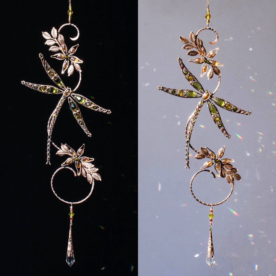 OLIVE DRAGONFLY ON A BRANCH WINDOW SUNCATCHER WITH SWAROVSKI CRYSTALS AND MIXED METALS