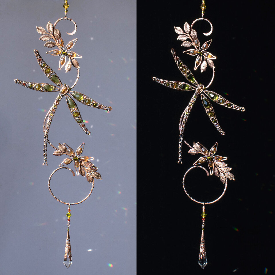 OLIVE DRAGONFLY ON A BRANCH WINDOW SUNCATCHER WITH SWAROVSKI CRYSTALS AND MIXED METALS