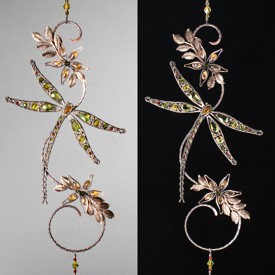 OLIVE DRAGONFLY ON A BRANCH WINDOW SUNCATCHER WITH SWAROVSKI CRYSTALS AND MIXED METALS