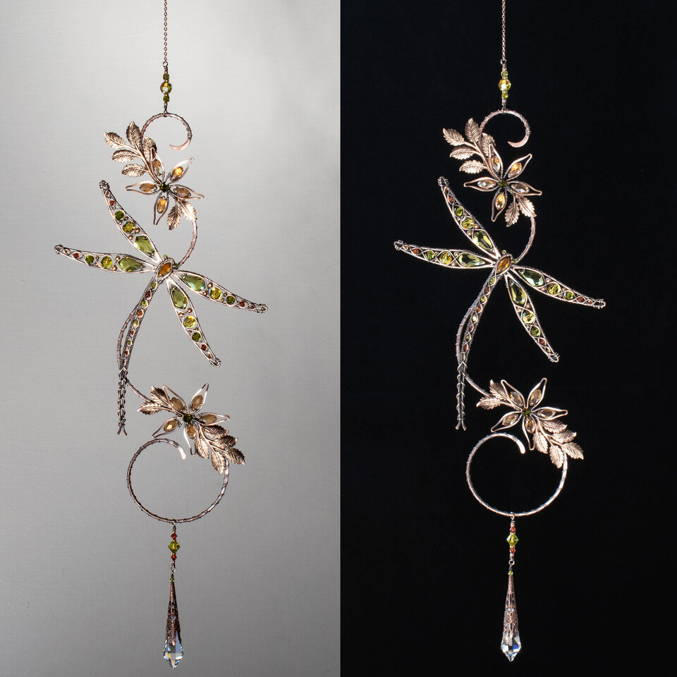 OLIVE DRAGONFLY ON A BRANCH WINDOW SUNCATCHER WITH SWAROVSKI CRYSTALS AND MIXED METALS