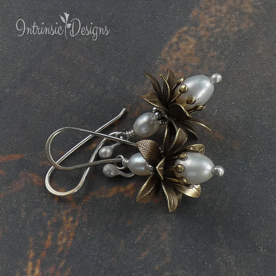 SOLD! Freshwater Pearl Flower Earrings, Stamped Brass Flowers, Pearl Earrings, Mixed Metal Earrings, Sterling Silver Ear Wires