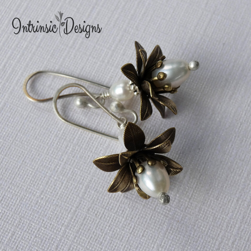 SOLD! Freshwater Pearl Flower Earrings, Stamped Brass Flowers, Pearl Earrings, Mixed Metal Earrings, Sterling Silver Ear Wires