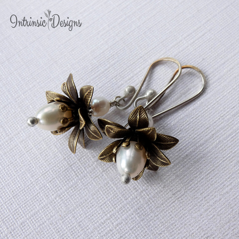 SOLD! Freshwater Pearl Flower Earrings, Stamped Brass Flowers, Pearl Earrings, Mixed Metal Earrings, Sterling Silver Ear Wires