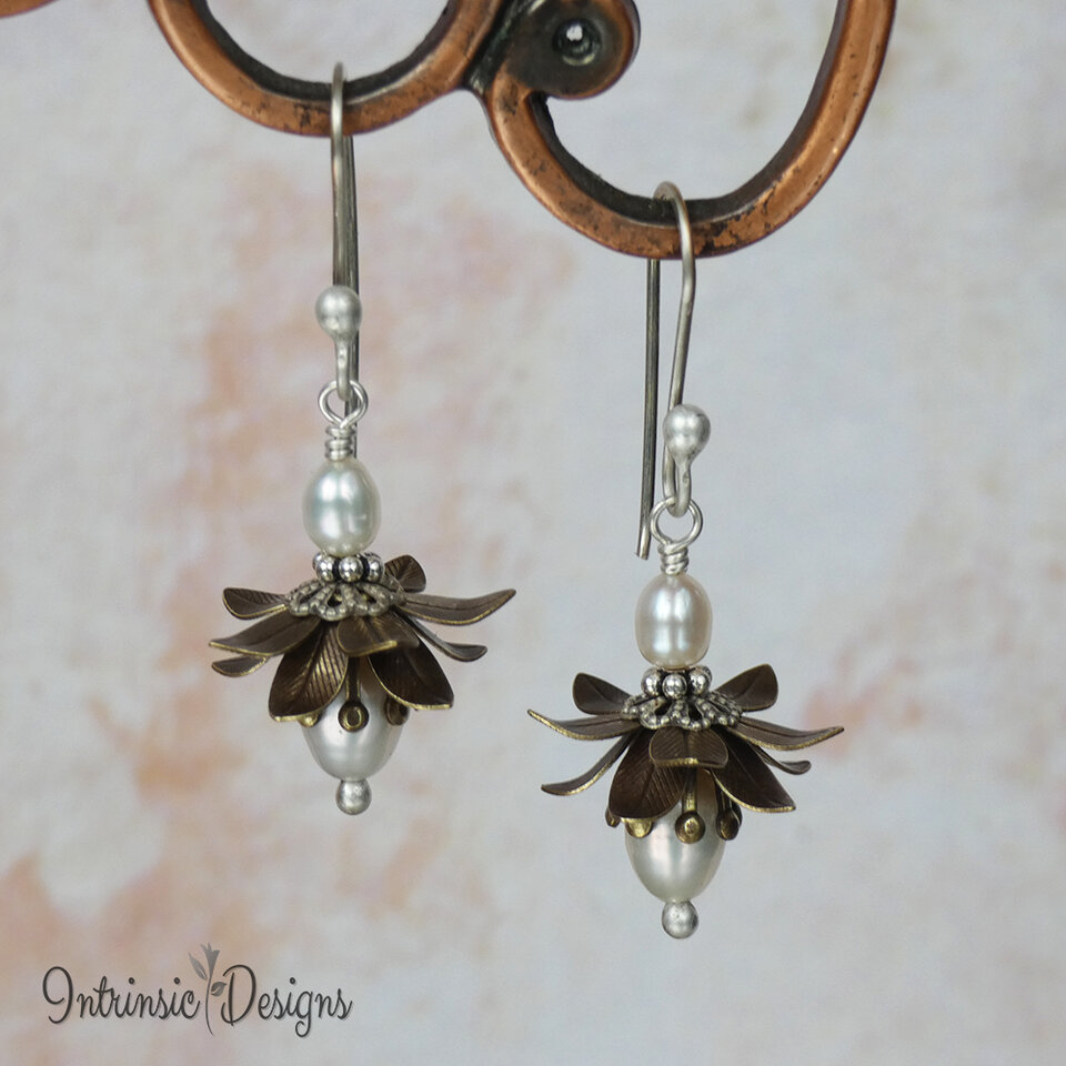 SOLD! Freshwater Pearl Flower Earrings, Stamped Brass Flowers, Pearl Earrings, Mixed Metal Earrings, Sterling Silver Ear Wires