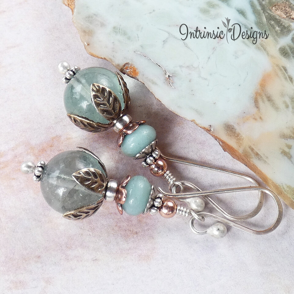 SOLD! Green Blue Fluorite & Amazonite Flower Earrings, Fluorite Earrings, Boho Earrings, Mixed Metal Earrings, Sterling Silver Ear Wires