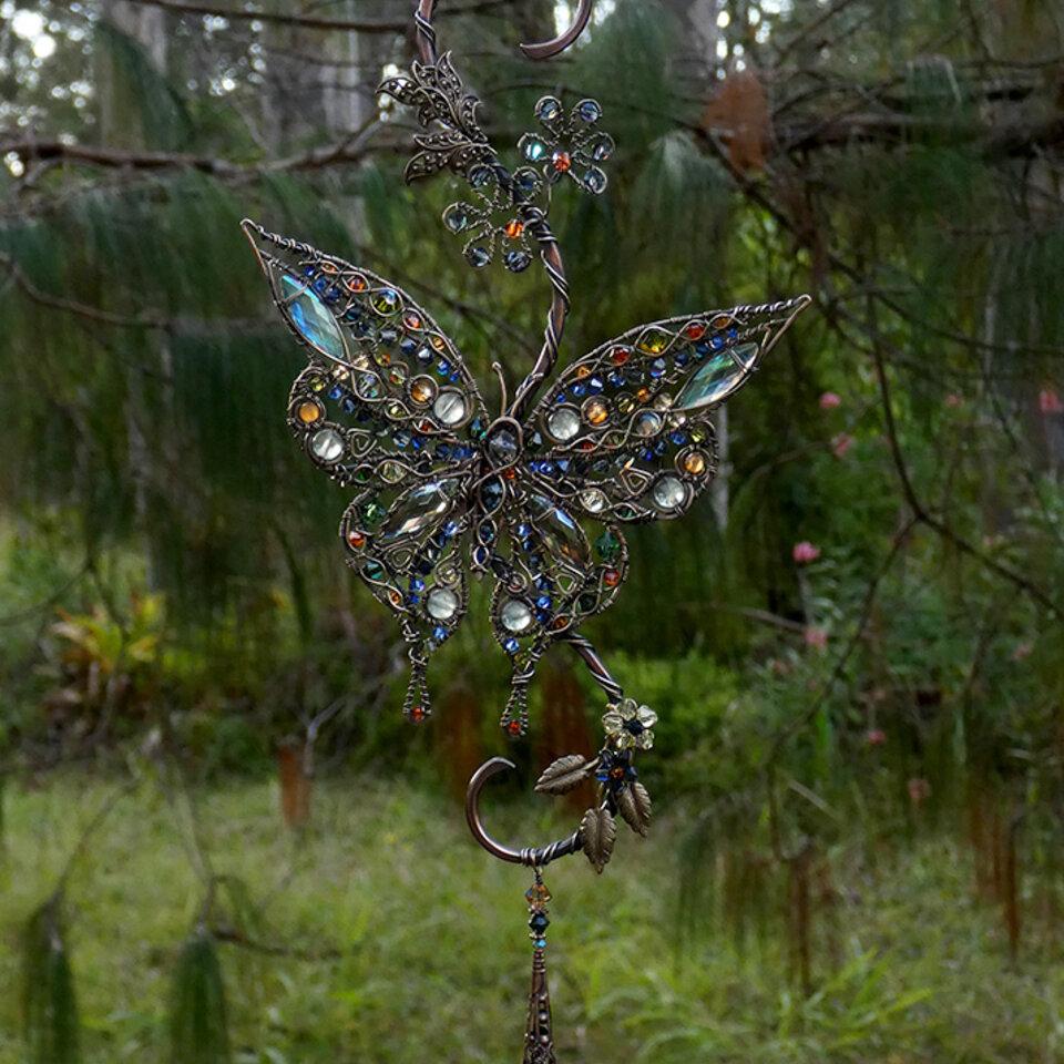 BUTTERFLY CRYSTAL & GEMSTONE WINDOW SUNCATCHER IN COPPER AND BRONZE 