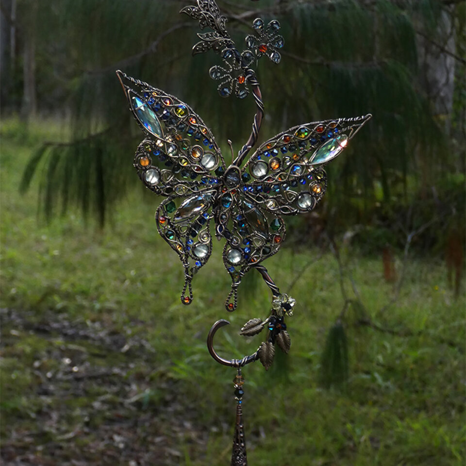 BUTTERFLY CRYSTAL & GEMSTONE WINDOW SUNCATCHER IN COPPER AND BRONZE 