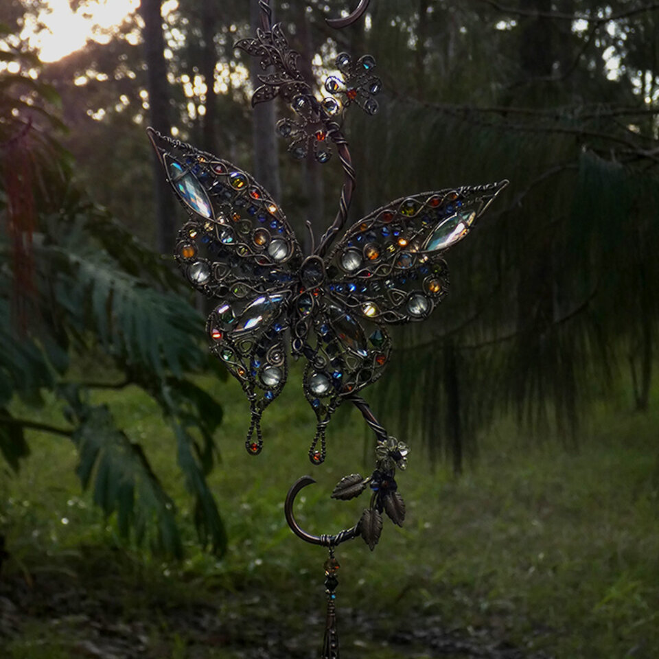 BUTTERFLY CRYSTAL & GEMSTONE WINDOW SUNCATCHER IN COPPER AND BRONZE 