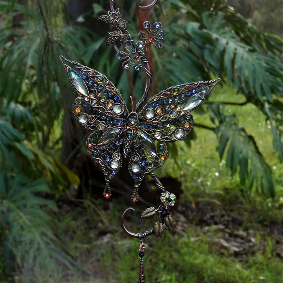 BUTTERFLY CRYSTAL & GEMSTONE WINDOW SUNCATCHER IN COPPER AND BRONZE 