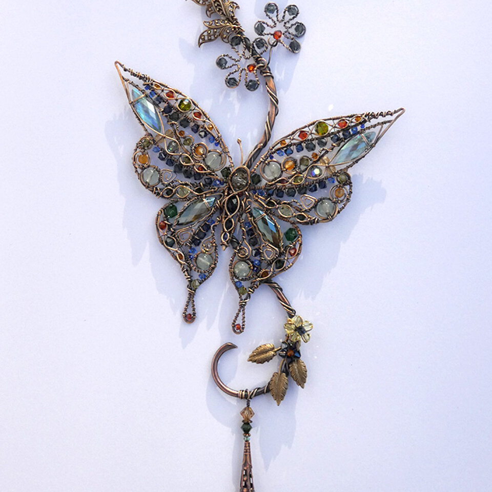 BUTTERFLY CRYSTAL & GEMSTONE WINDOW SUNCATCHER IN COPPER AND BRONZE 