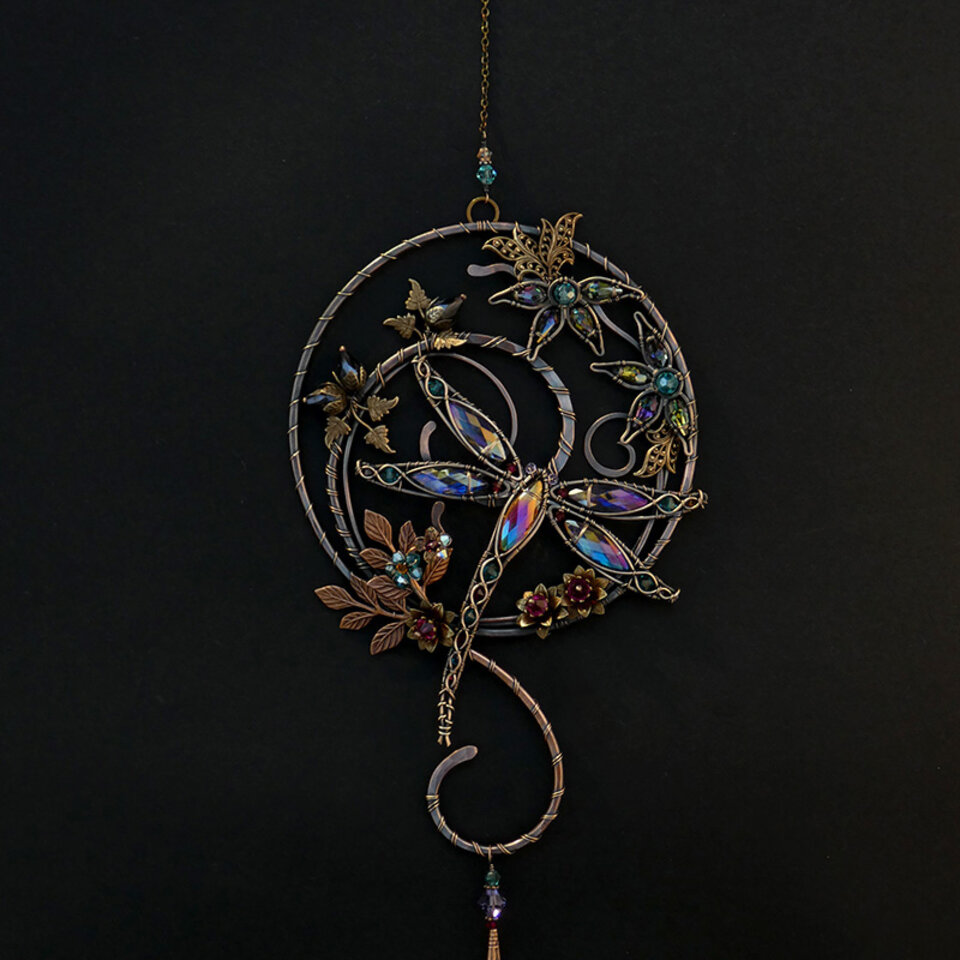 DRAGONFLY CRYSTAL WINDOW SUNCATCHER IN COPPER AND BRONZE 
