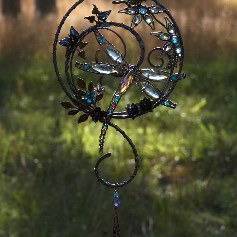 DRAGONFLY CRYSTAL WINDOW SUNCATCHER IN COPPER AND BRONZE 