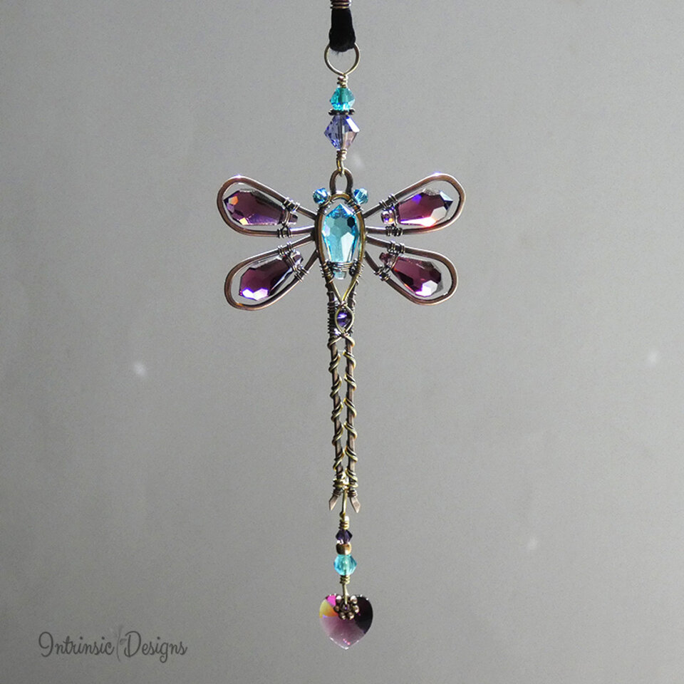 RESERVED FOR PATRICIA .... PURPLE & BLUE DRAGONFLY SWAROVSKI CRYSTAL CAR REAR VIEW MIRROR DANGLE .... ADJUSTABLE