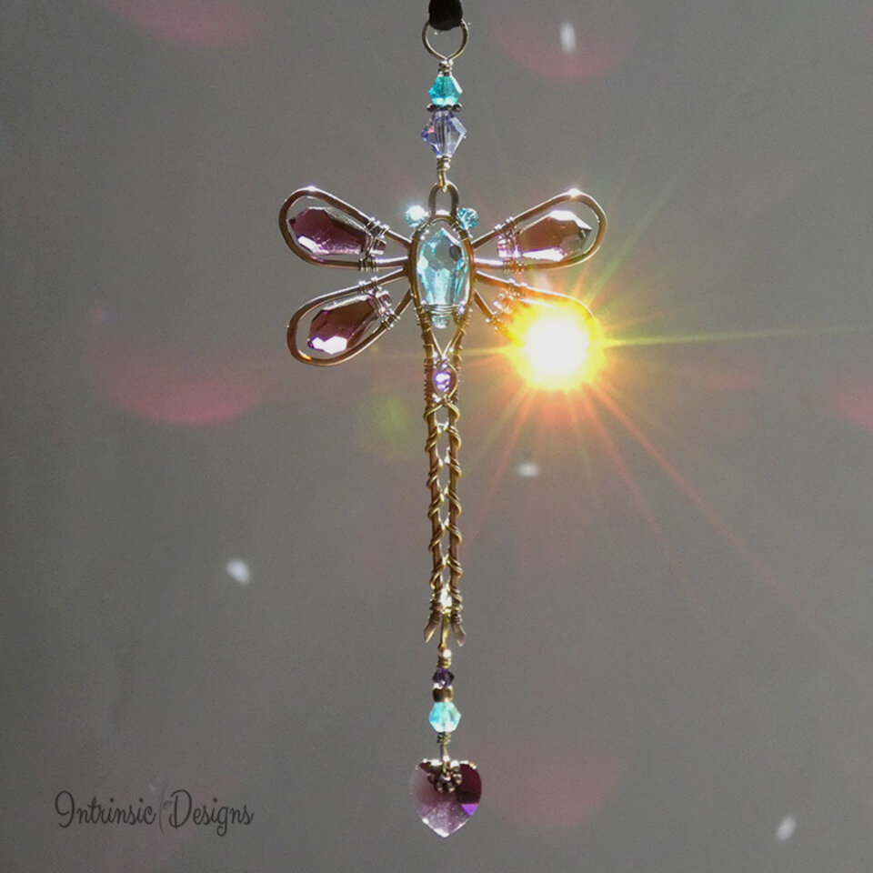 RESERVED FOR PATRICIA .... PURPLE & BLUE DRAGONFLY SWAROVSKI CRYSTAL CAR REAR VIEW MIRROR DANGLE .... ADJUSTABLE