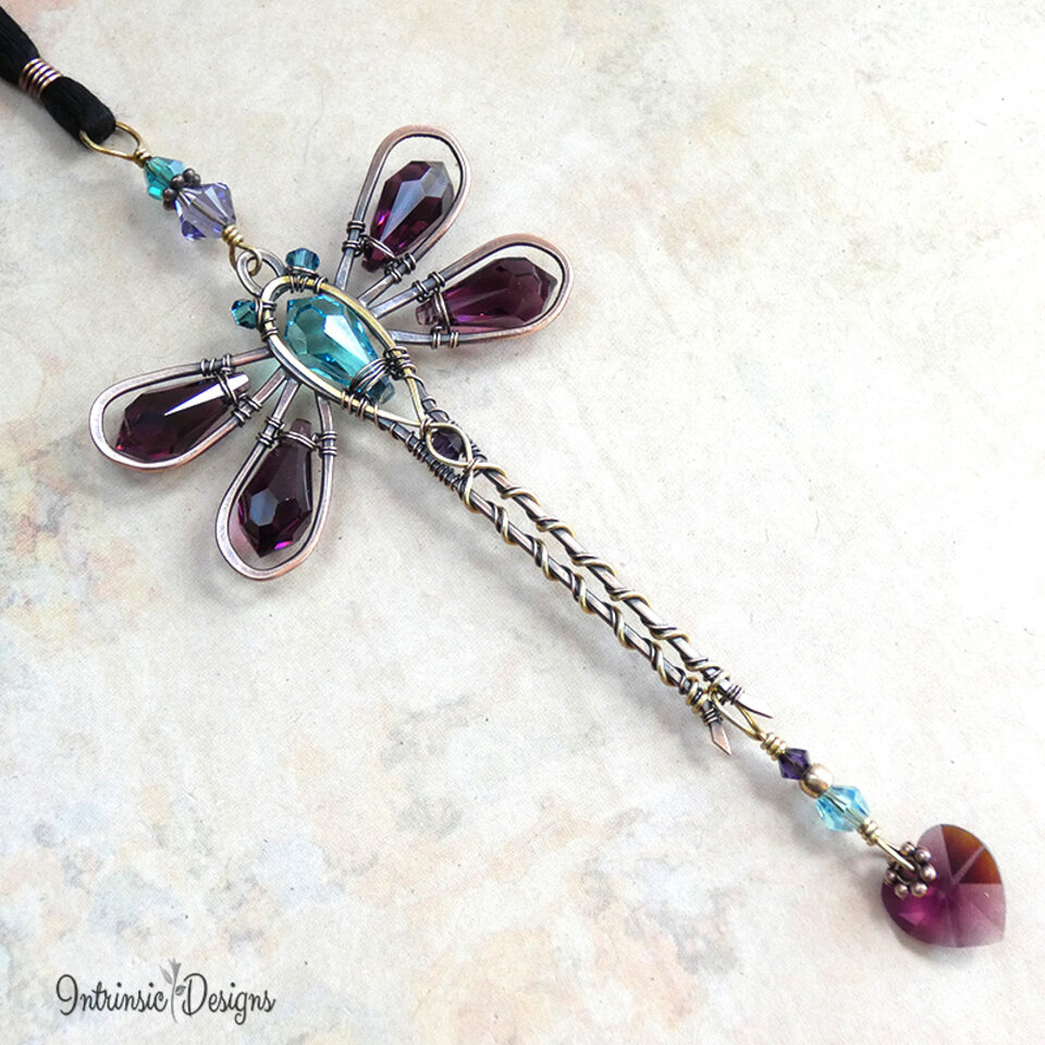 RESERVED FOR PATRICIA .... PURPLE & BLUE DRAGONFLY SWAROVSKI CRYSTAL CAR REAR VIEW MIRROR DANGLE .... ADJUSTABLE