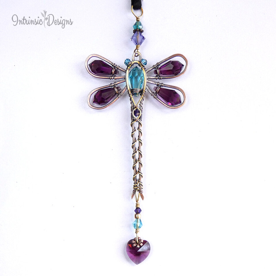 RESERVED FOR PATRICIA .... PURPLE & BLUE DRAGONFLY SWAROVSKI CRYSTAL CAR REAR VIEW MIRROR DANGLE .... ADJUSTABLE