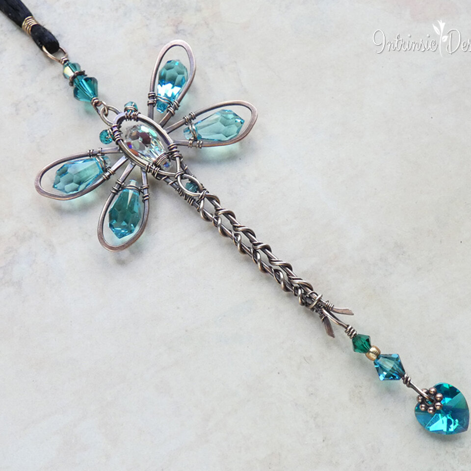 RESERVED FOR NIEVES .... TURQUOISE DRAGONFLY SWAROVSKI CRYSTAL CAR REAR VIEW MIRROR DANGLE .... ADJUSTABLE