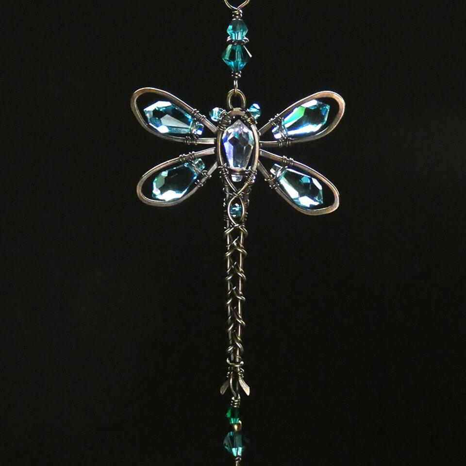 RESERVED FOR NIEVES .... TURQUOISE DRAGONFLY SWAROVSKI CRYSTAL CAR REAR VIEW MIRROR DANGLE .... ADJUSTABLE