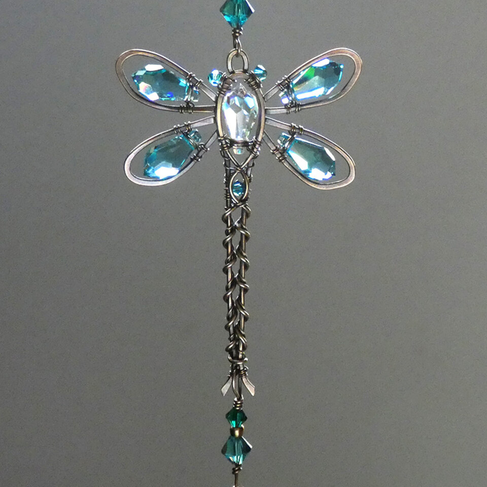 RESERVED FOR NIEVES .... TURQUOISE DRAGONFLY SWAROVSKI CRYSTAL CAR REAR VIEW MIRROR DANGLE .... ADJUSTABLE