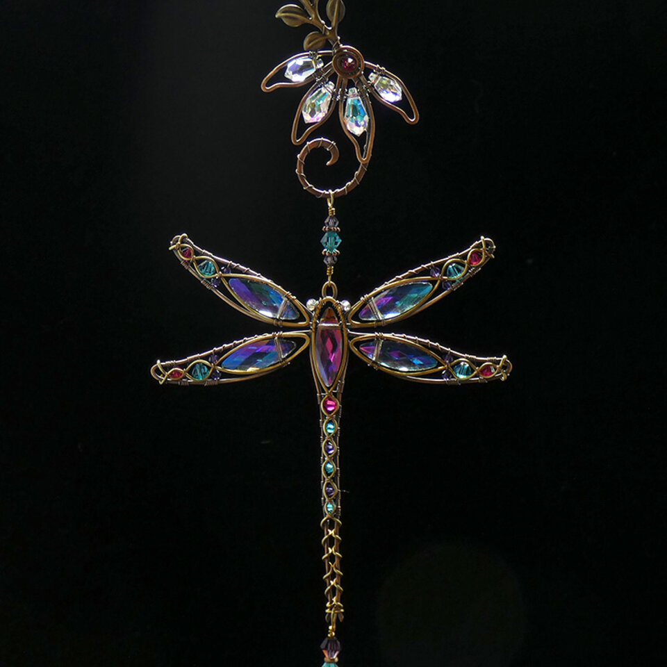 DRAGONFLY WITH CONEFLOWER SWAROVSKI CRYSTAL WINDOW SUNCATCHER IN TURQUOISE, MAGNENTA & PURPLE WITH MIXED METALS