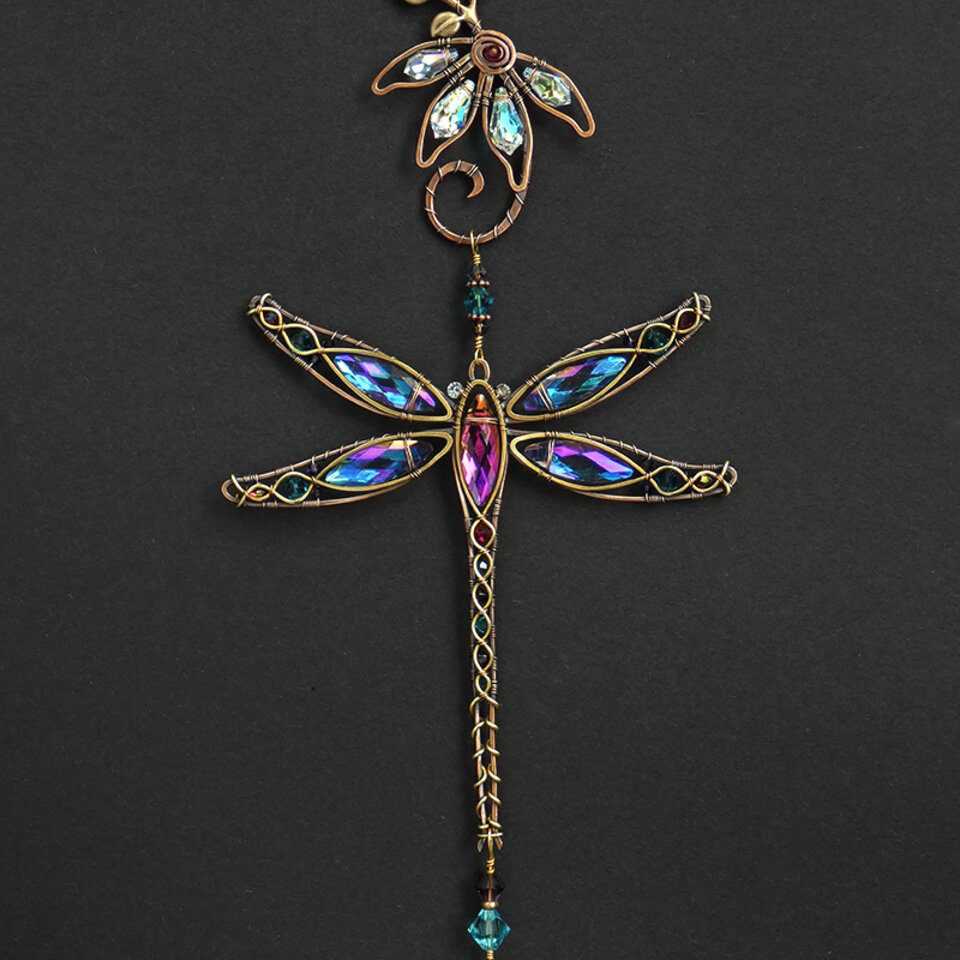 DRAGONFLY WITH CONEFLOWER SWAROVSKI CRYSTAL WINDOW SUNCATCHER IN TURQUOISE, MAGNENTA & PURPLE WITH MIXED METALS