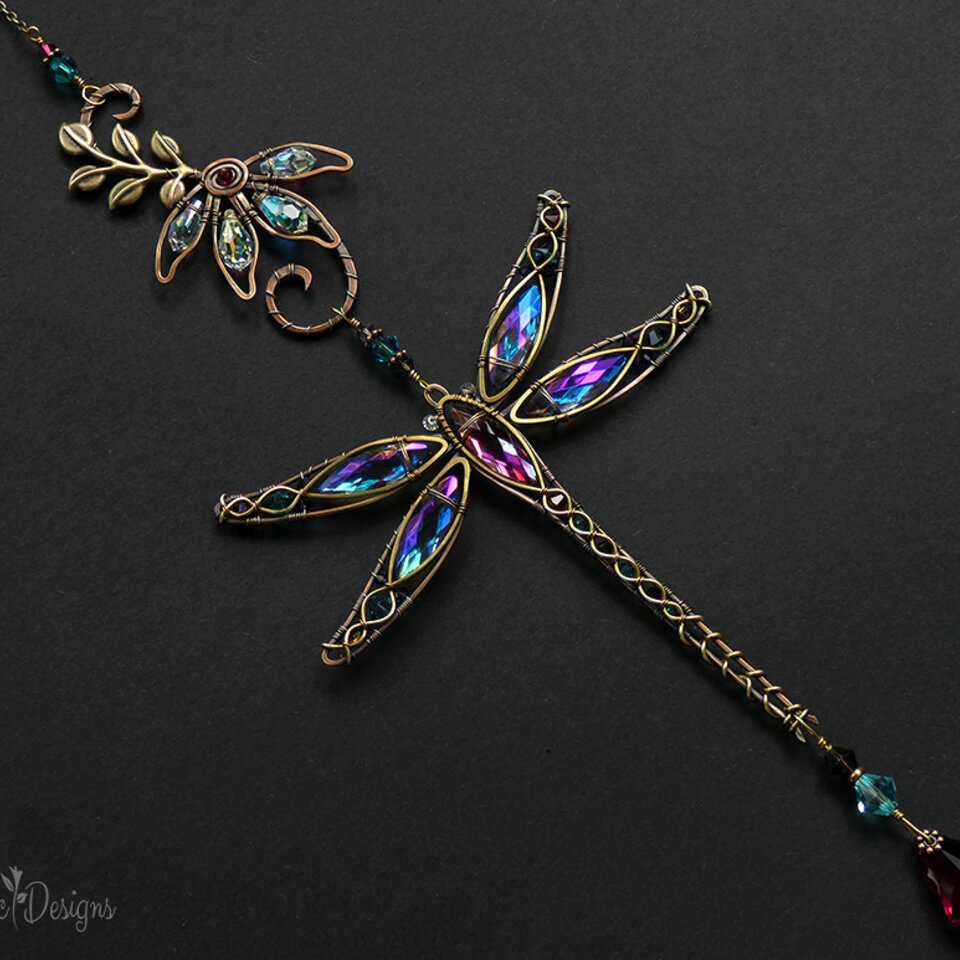 DRAGONFLY WITH CONEFLOWER SWAROVSKI CRYSTAL WINDOW SUNCATCHER IN TURQUOISE, MAGNENTA & PURPLE WITH MIXED METALS