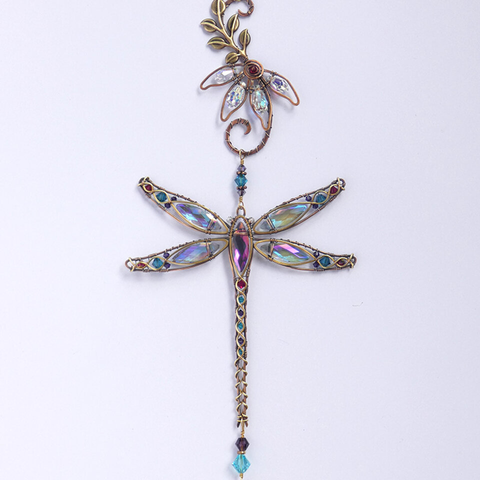 DRAGONFLY WITH CONEFLOWER SWAROVSKI CRYSTAL WINDOW SUNCATCHER IN TURQUOISE, MAGNENTA & PURPLE WITH MIXED METALS