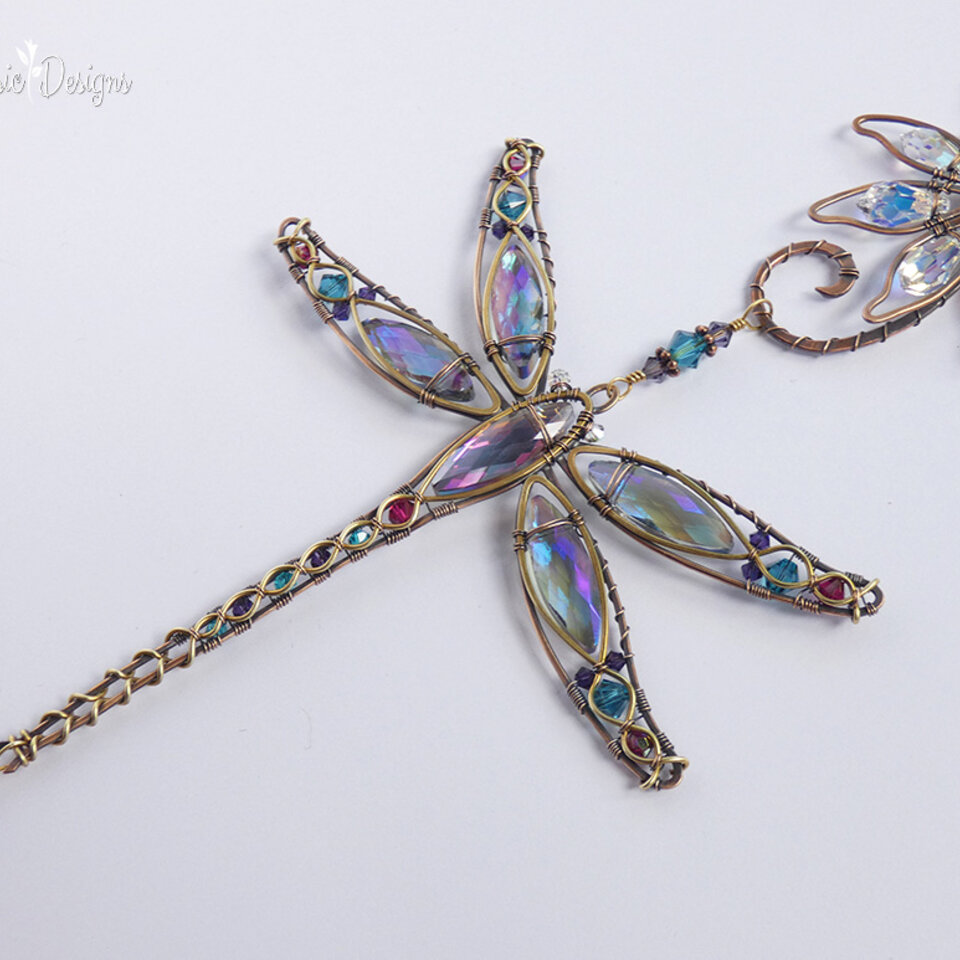 DRAGONFLY WITH CONEFLOWER SWAROVSKI CRYSTAL WINDOW SUNCATCHER IN TURQUOISE, MAGNENTA & PURPLE WITH MIXED METALS