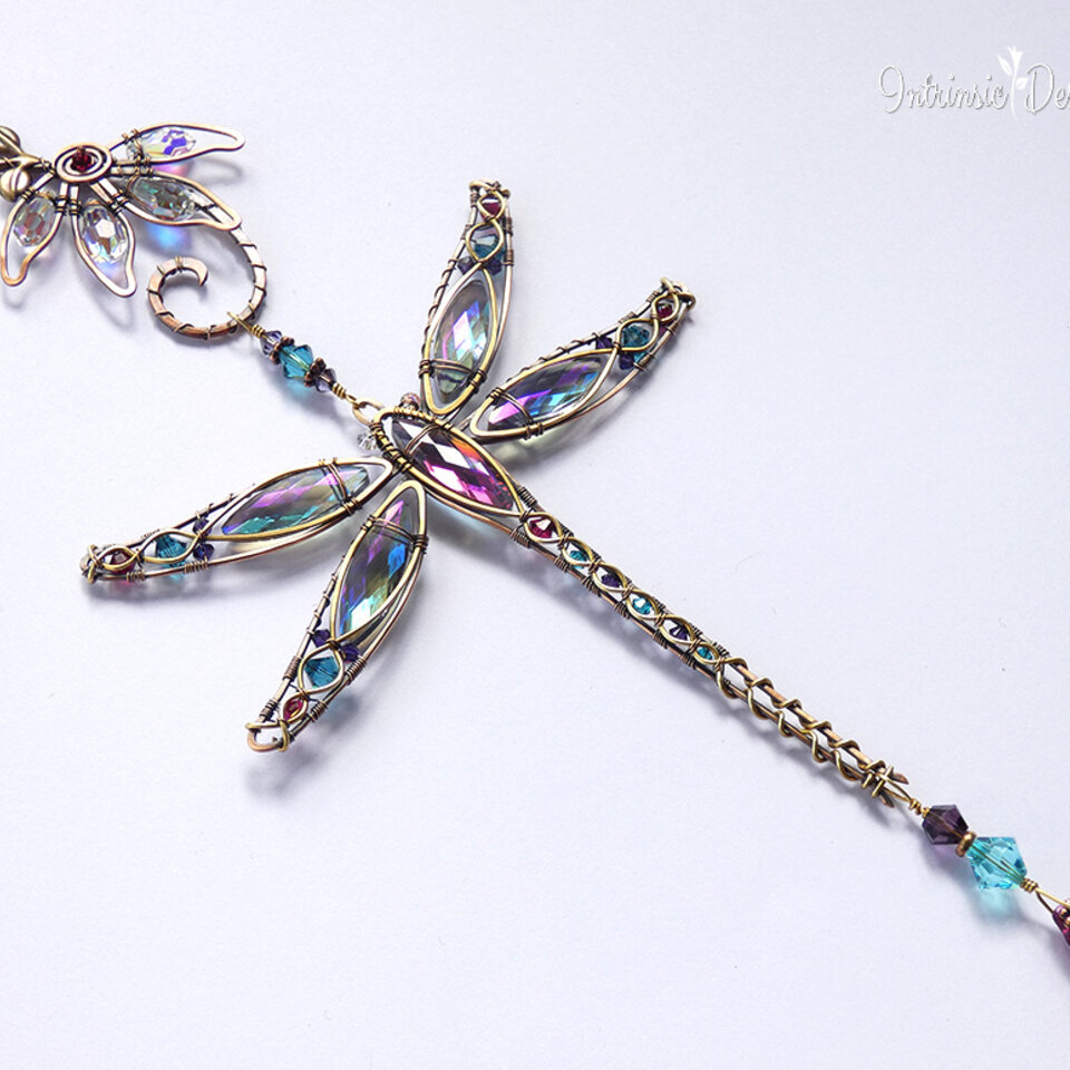 DRAGONFLY WITH CONEFLOWER SWAROVSKI CRYSTAL WINDOW SUNCATCHER IN TURQUOISE, MAGNENTA & PURPLE WITH MIXED METALS
