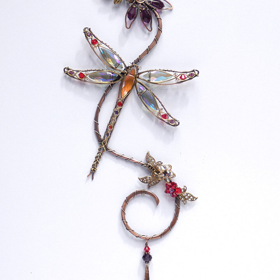 DRAGONFLY WITH CONEFLOWER SWAROVSKI CRYSTAL WINDOW SUNCATCHER IN RED, PURPLE & TOPAZ WITH MIXED METALS