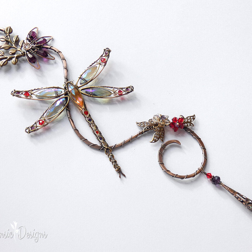 DRAGONFLY WITH CONEFLOWER SWAROVSKI CRYSTAL WINDOW SUNCATCHER IN RED, PURPLE & TOPAZ WITH MIXED METALS