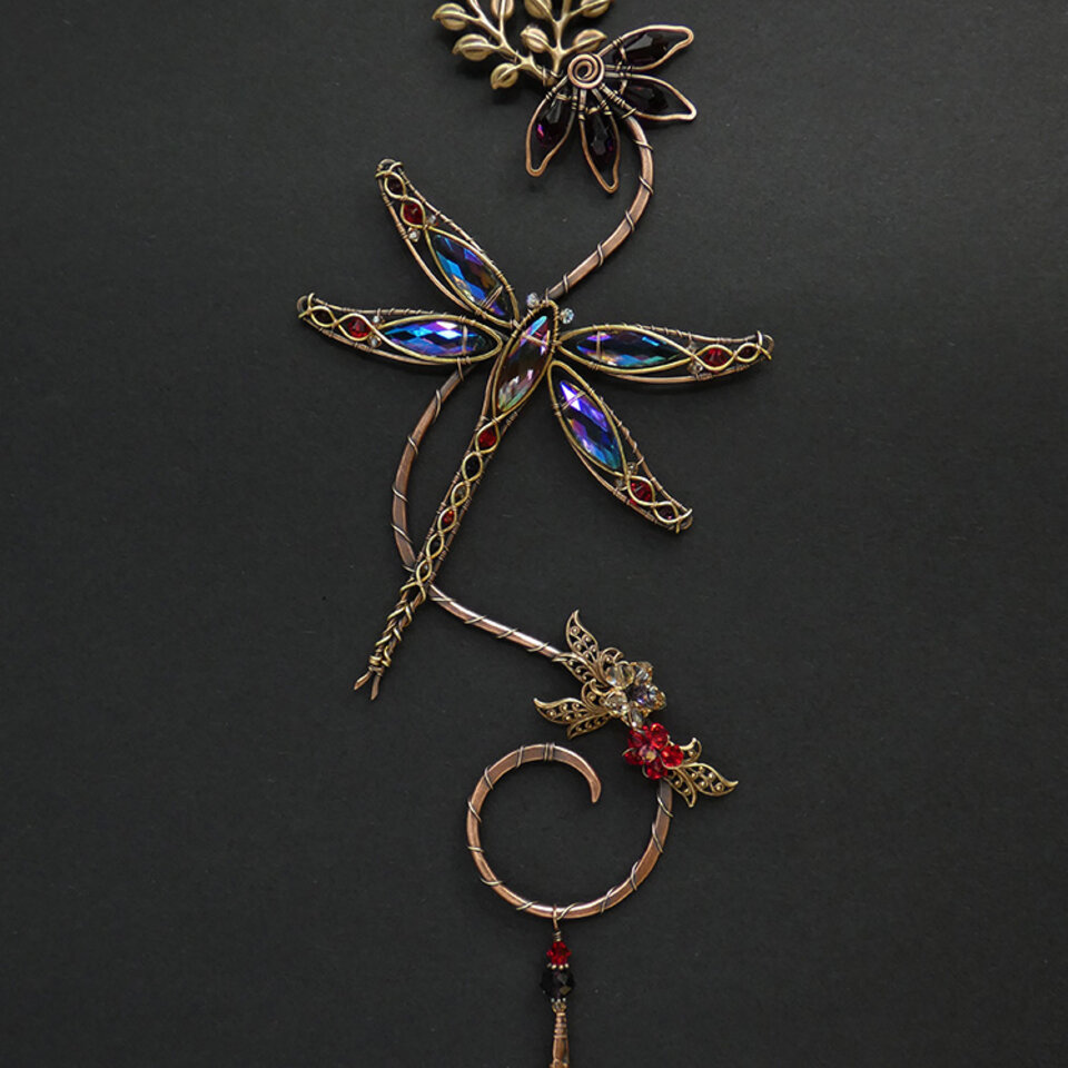 DRAGONFLY WITH CONEFLOWER SWAROVSKI CRYSTAL WINDOW SUNCATCHER IN RED, PURPLE & TOPAZ WITH MIXED METALS