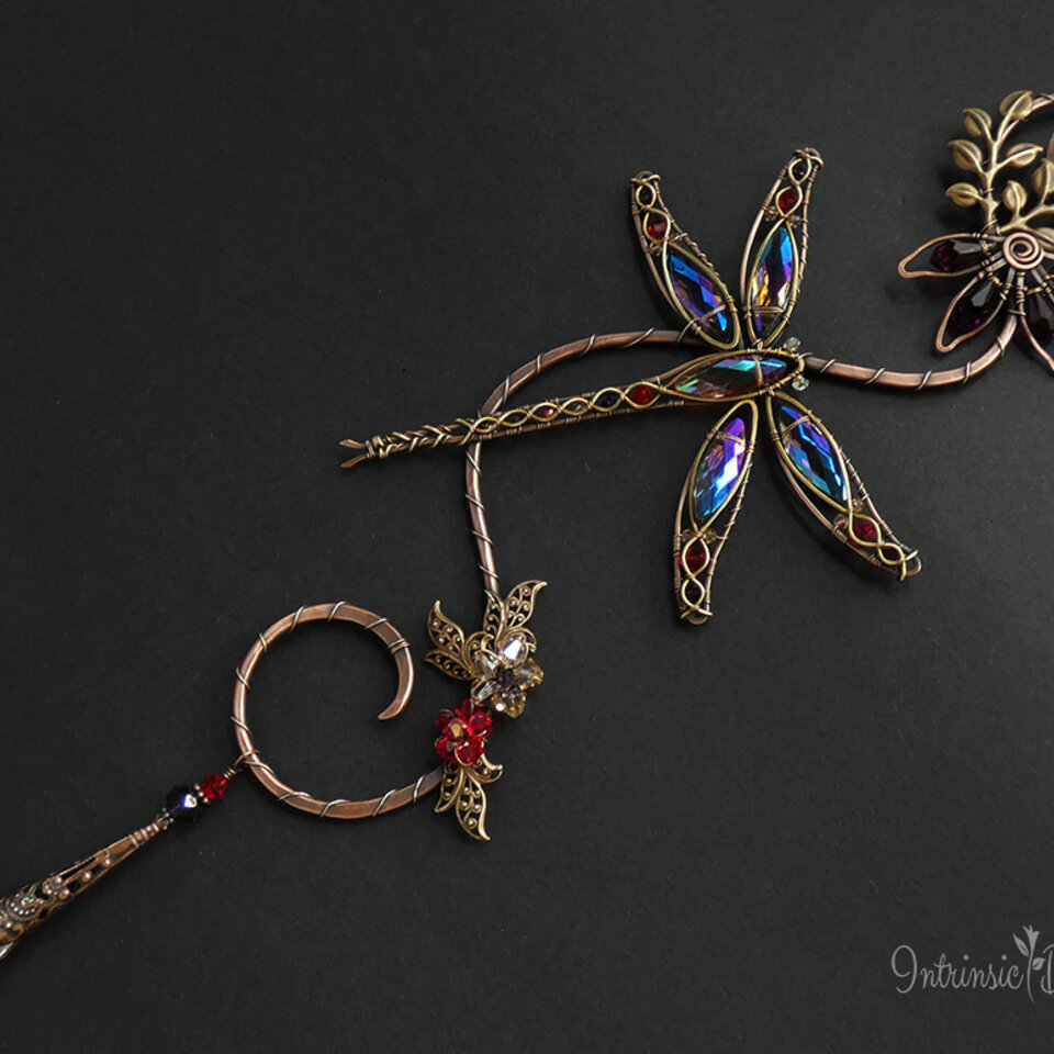 DRAGONFLY WITH CONEFLOWER SWAROVSKI CRYSTAL WINDOW SUNCATCHER IN RED, PURPLE & TOPAZ WITH MIXED METALS