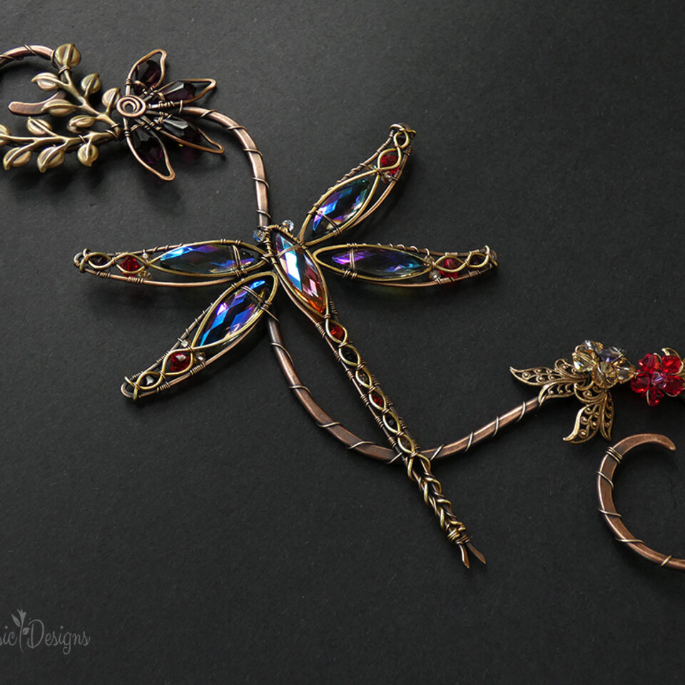 DRAGONFLY WITH CONEFLOWER SWAROVSKI CRYSTAL WINDOW SUNCATCHER IN RED, PURPLE & TOPAZ WITH MIXED METALS