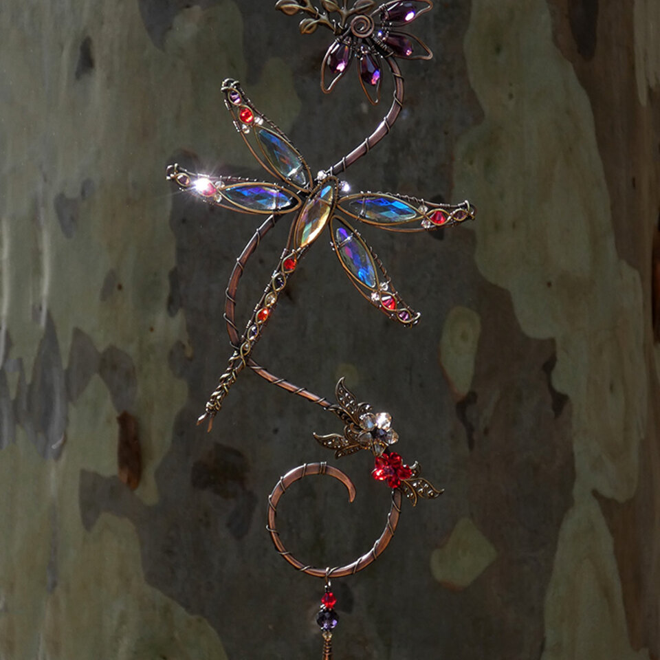 DRAGONFLY WITH CONEFLOWER SWAROVSKI CRYSTAL WINDOW SUNCATCHER IN RED, PURPLE & TOPAZ WITH MIXED METALS