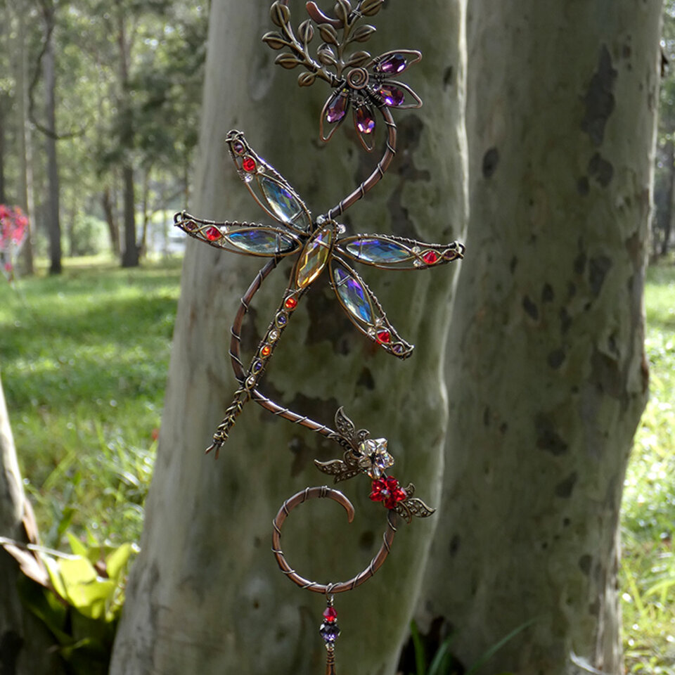 DRAGONFLY WITH CONEFLOWER SWAROVSKI CRYSTAL WINDOW SUNCATCHER IN RED, PURPLE & TOPAZ WITH MIXED METALS