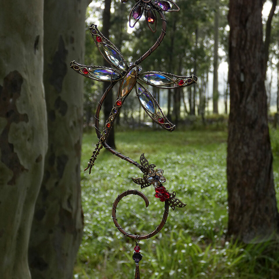 DRAGONFLY WITH CONEFLOWER SWAROVSKI CRYSTAL WINDOW SUNCATCHER IN RED, PURPLE & TOPAZ WITH MIXED METALS