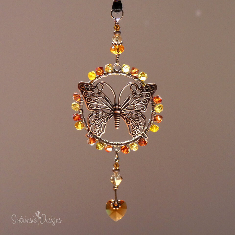 RESERVED FOR TAMMY ... SWAROVSKI CRYSTAL BUTTERFLY CAR REAR VIEW MIRROR DANGLE IN IN YELLOWS AND GOLDS .... ADJUSTABLE