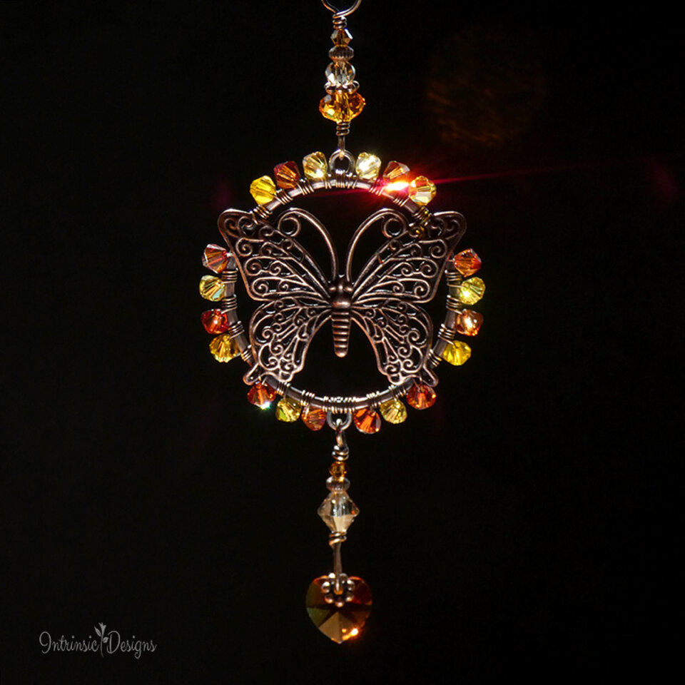 RESERVED FOR TAMMY ... SWAROVSKI CRYSTAL BUTTERFLY CAR REAR VIEW MIRROR DANGLE IN IN YELLOWS AND GOLDS .... ADJUSTABLE