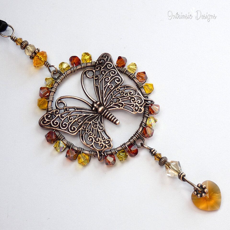RESERVED FOR TAMMY ... SWAROVSKI CRYSTAL BUTTERFLY CAR REAR VIEW MIRROR DANGLE IN IN YELLOWS AND GOLDS .... ADJUSTABLE