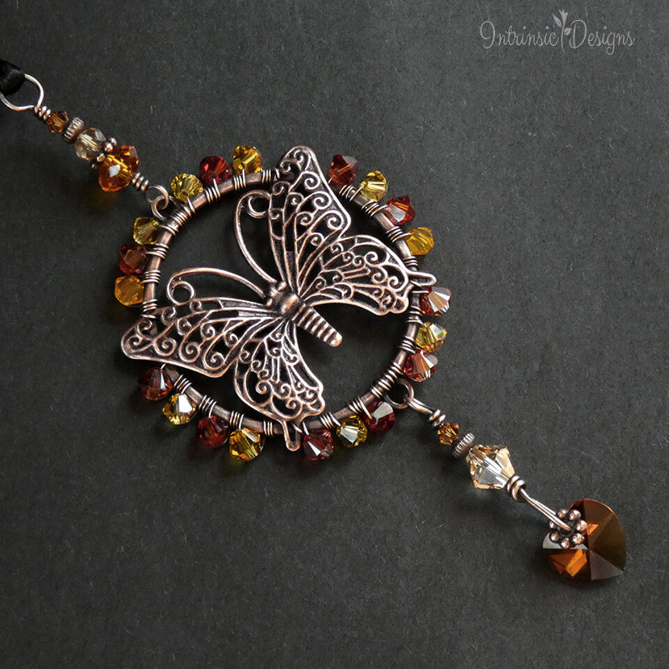 RESERVED FOR TAMMY ... SWAROVSKI CRYSTAL BUTTERFLY CAR REAR VIEW MIRROR DANGLE IN IN YELLOWS AND GOLDS .... ADJUSTABLE
