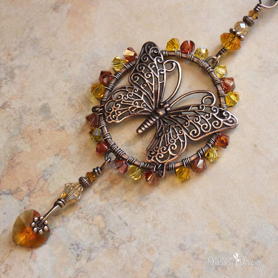 RESERVED FOR TAMMY ... SWAROVSKI CRYSTAL BUTTERFLY CAR REAR VIEW MIRROR DANGLE IN IN YELLOWS AND GOLDS .... ADJUSTABLE