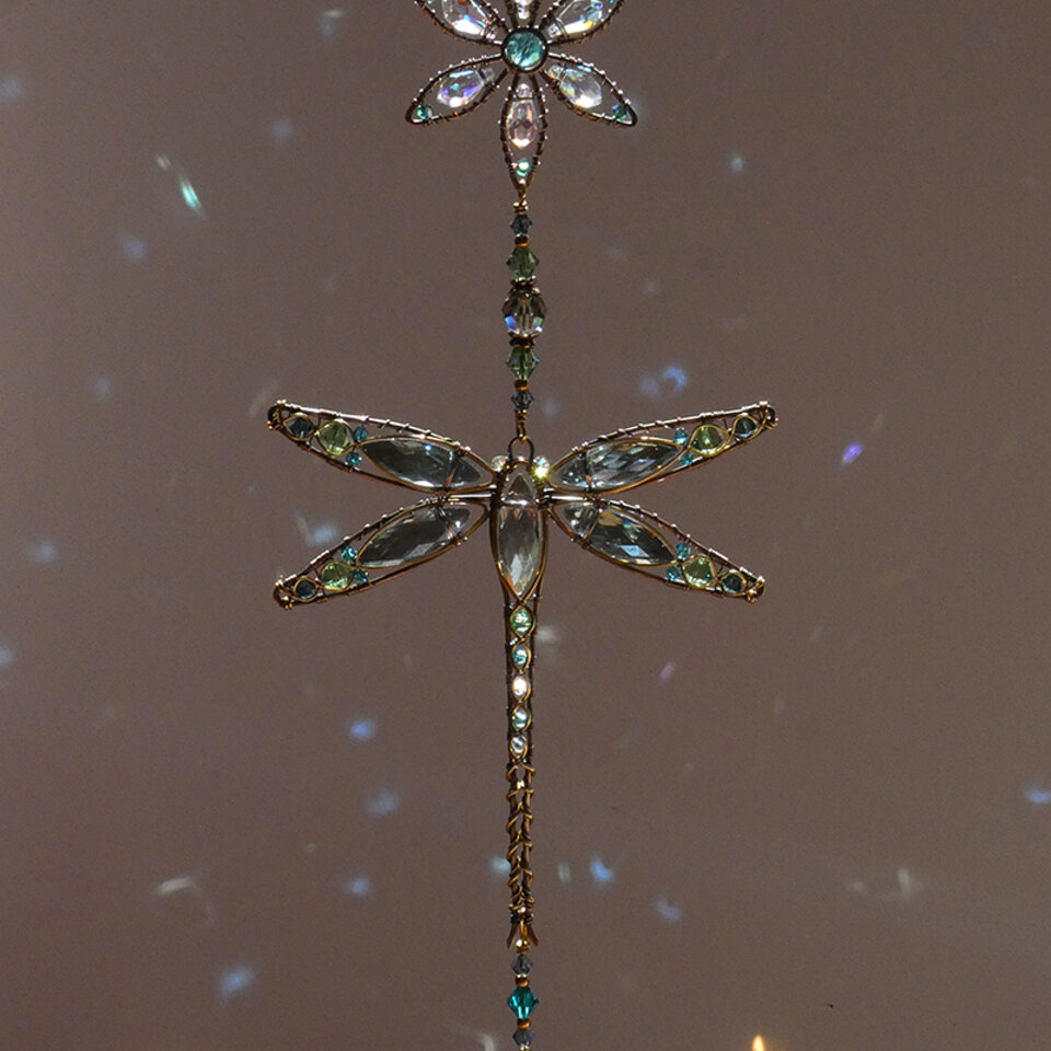 DRAGONFLY & FLOWER ... SWAROVSKI CRYSTAL WINDOW SUNCATCHER IN MONTANA BLUE, TURQUOISE, ERINITE GREEN & AB CLEAR WITH MIXED METALS