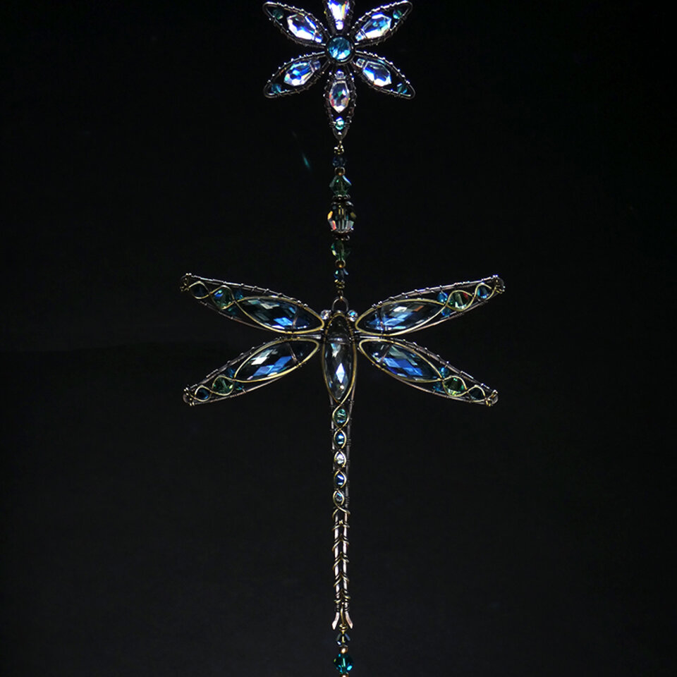 DRAGONFLY & FLOWER ... SWAROVSKI CRYSTAL WINDOW SUNCATCHER IN MONTANA BLUE, TURQUOISE, ERINITE GREEN & AB CLEAR WITH MIXED METALS