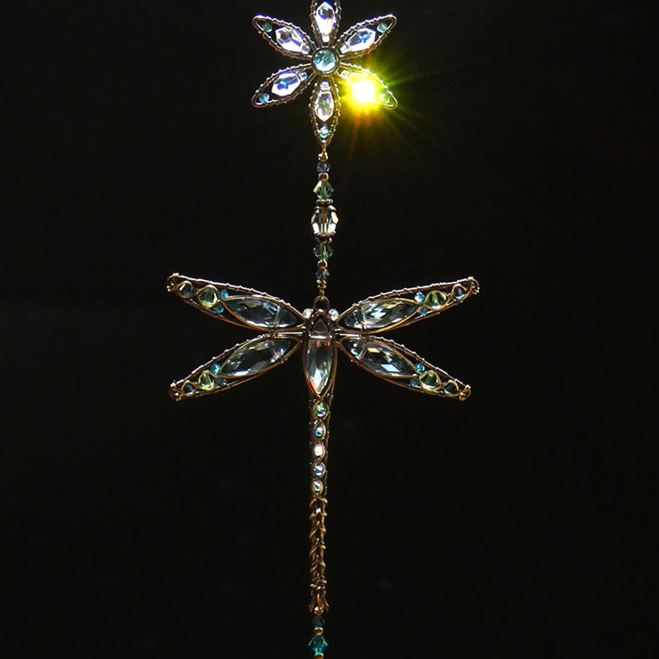 DRAGONFLY & FLOWER ... SWAROVSKI CRYSTAL WINDOW SUNCATCHER IN MONTANA BLUE, TURQUOISE, ERINITE GREEN & AB CLEAR WITH MIXED METALS