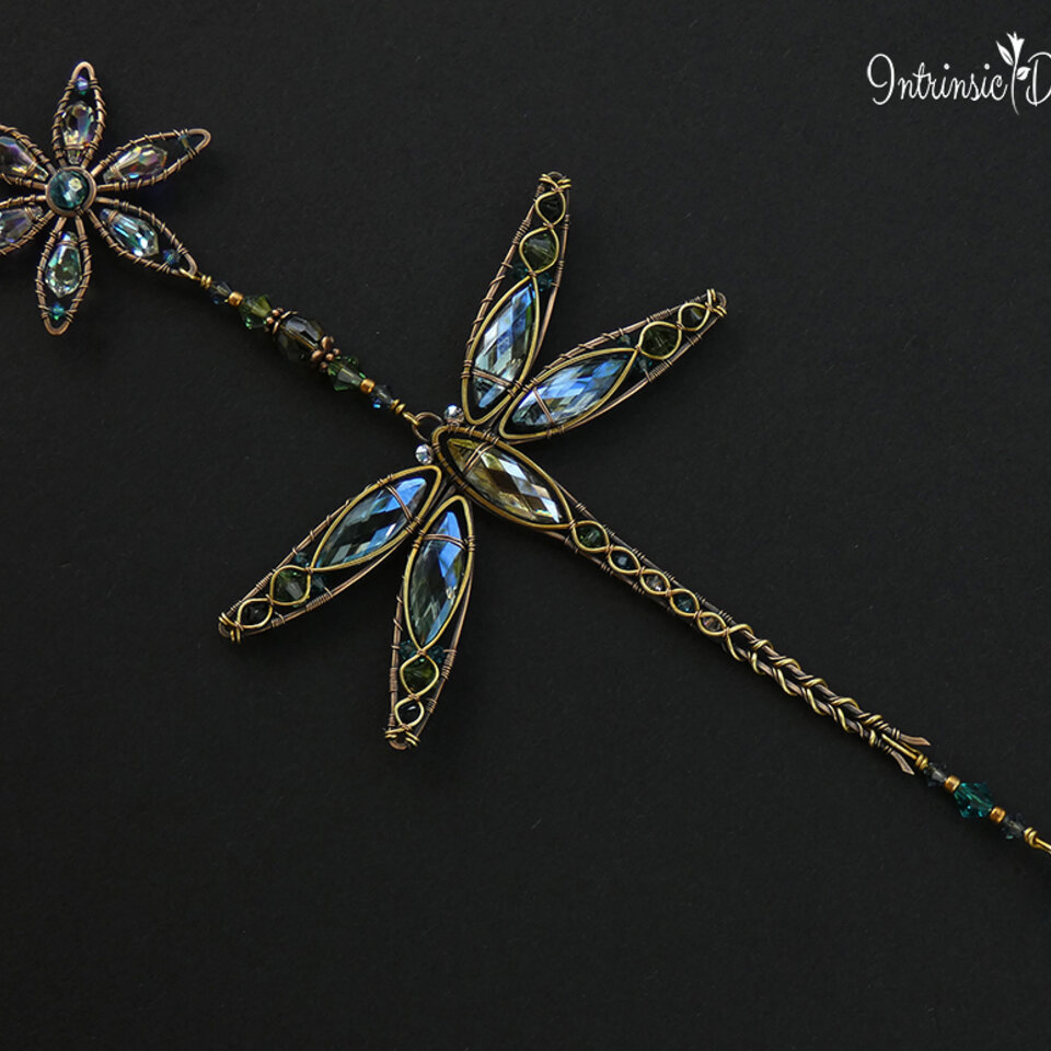DRAGONFLY & FLOWER ... SWAROVSKI CRYSTAL WINDOW SUNCATCHER IN MONTANA BLUE, TURQUOISE, ERINITE GREEN & AB CLEAR WITH MIXED METALS