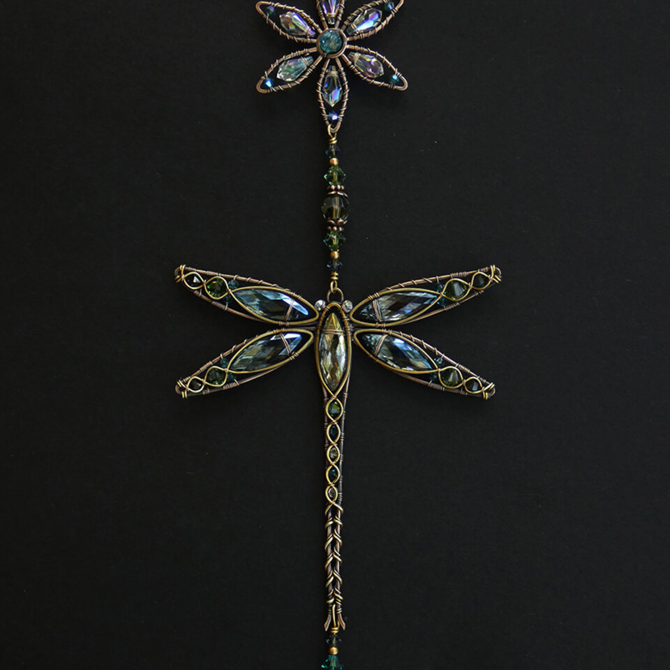 DRAGONFLY & FLOWER ... SWAROVSKI CRYSTAL WINDOW SUNCATCHER IN MONTANA BLUE, TURQUOISE, ERINITE GREEN & AB CLEAR WITH MIXED METALS