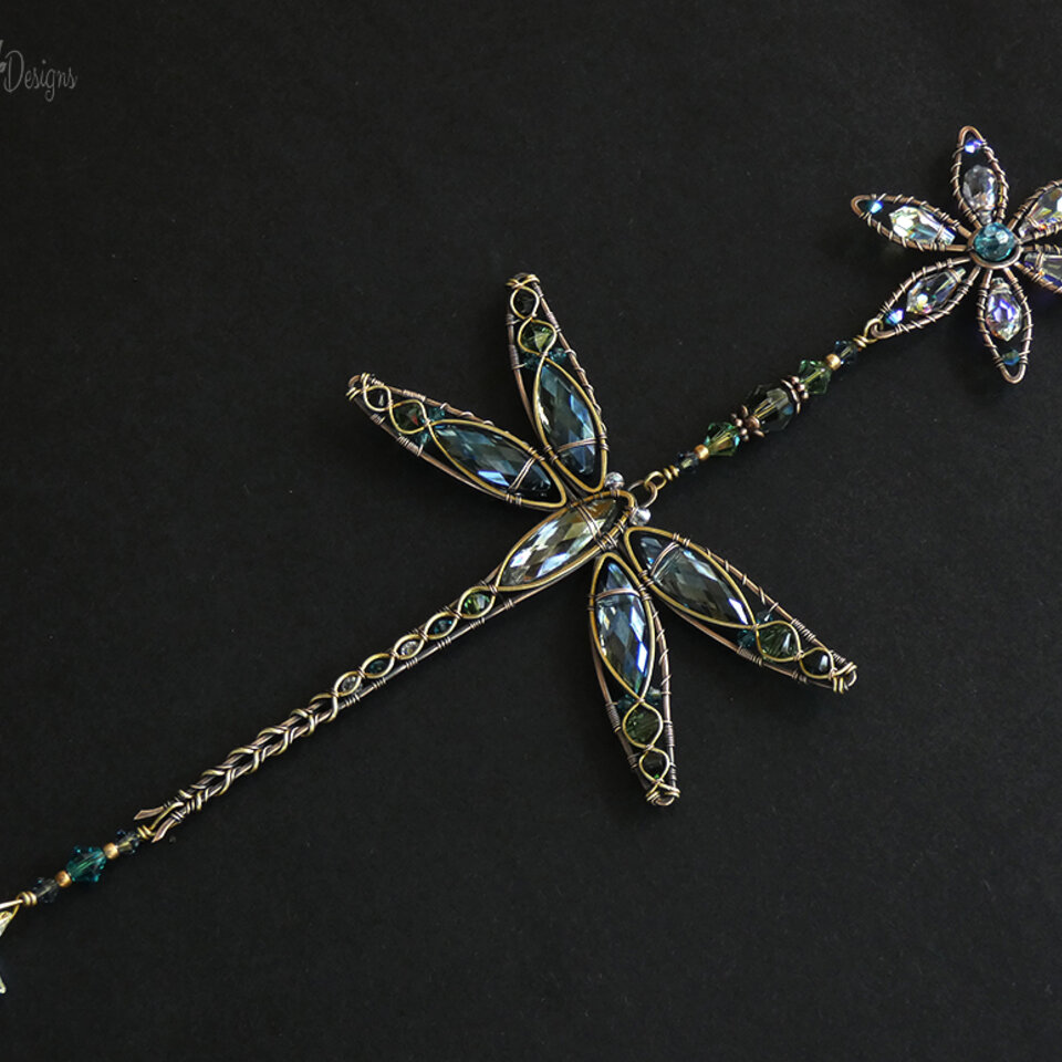 DRAGONFLY & FLOWER ... SWAROVSKI CRYSTAL WINDOW SUNCATCHER IN MONTANA BLUE, TURQUOISE, ERINITE GREEN & AB CLEAR WITH MIXED METALS