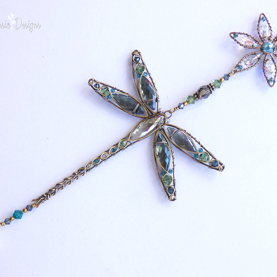 DRAGONFLY & FLOWER ... SWAROVSKI CRYSTAL WINDOW SUNCATCHER IN MONTANA BLUE, TURQUOISE, ERINITE GREEN & AB CLEAR WITH MIXED METALS
