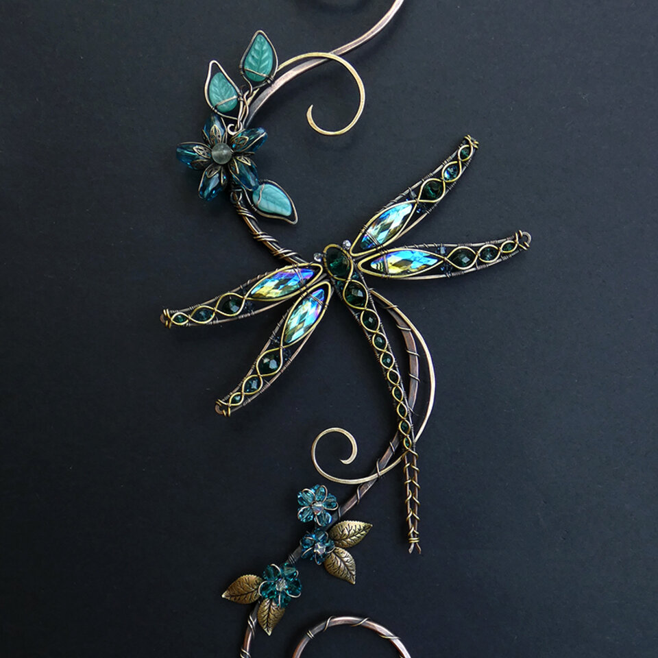RESERVED FOR SALLY .... DRAGONFLY SWAROVSKI CRYSTAL WINDOW SUNCATCHER IN OCEAN BLUES AND GREENS WITH MIXED METALS